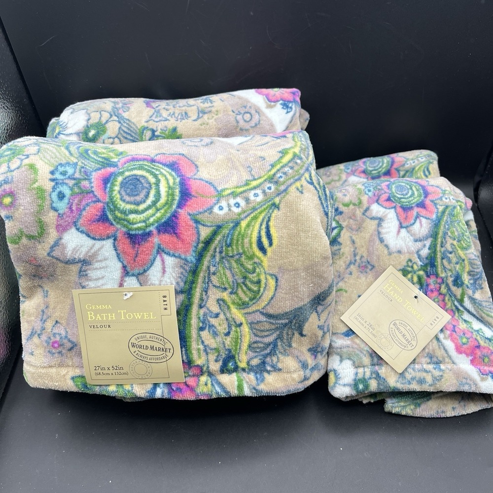 4 World Market Multicolor Paisley Taupe Gemma Velour Towel Set -‎ 2 Bath 2 Hand